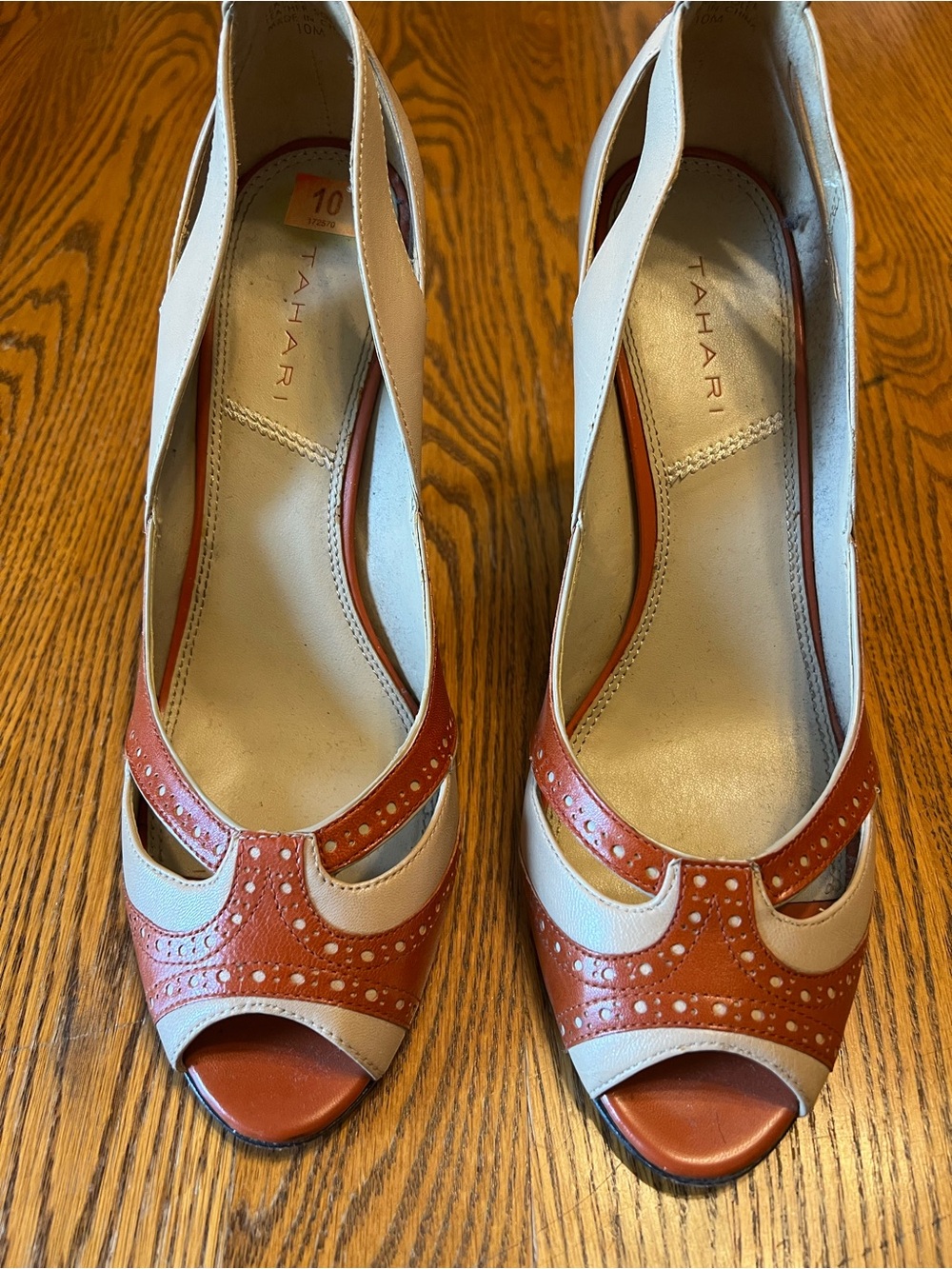 Tahari Two-Tone Open-Toe Pumps in orange and Cream